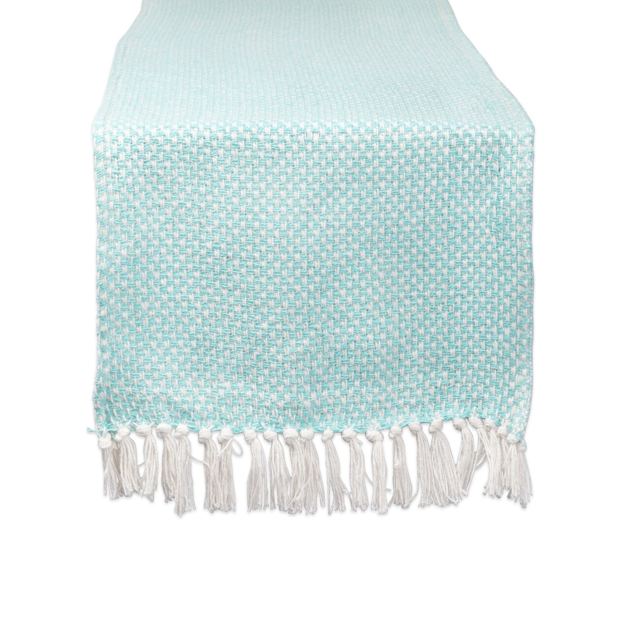 Contemporary Home Living Checkered Stitch Woven Cotton Table Runner with Tassels - 72" - Aqua and White